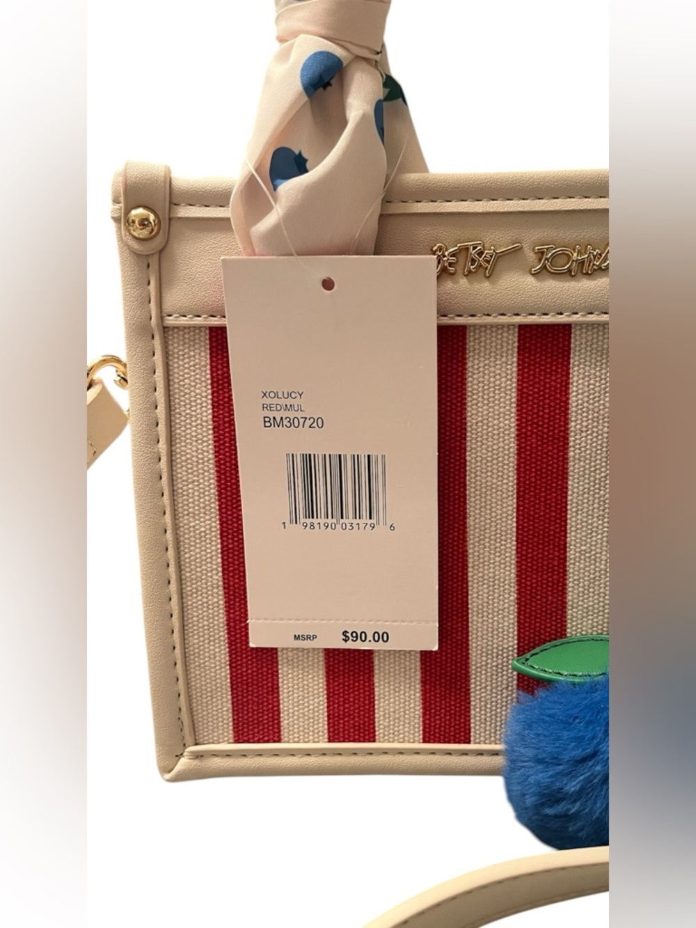 Betsy Johnson xo Lucy satchel crossbody bag w blueberry charm scarf red multi - Picture 4 of 6